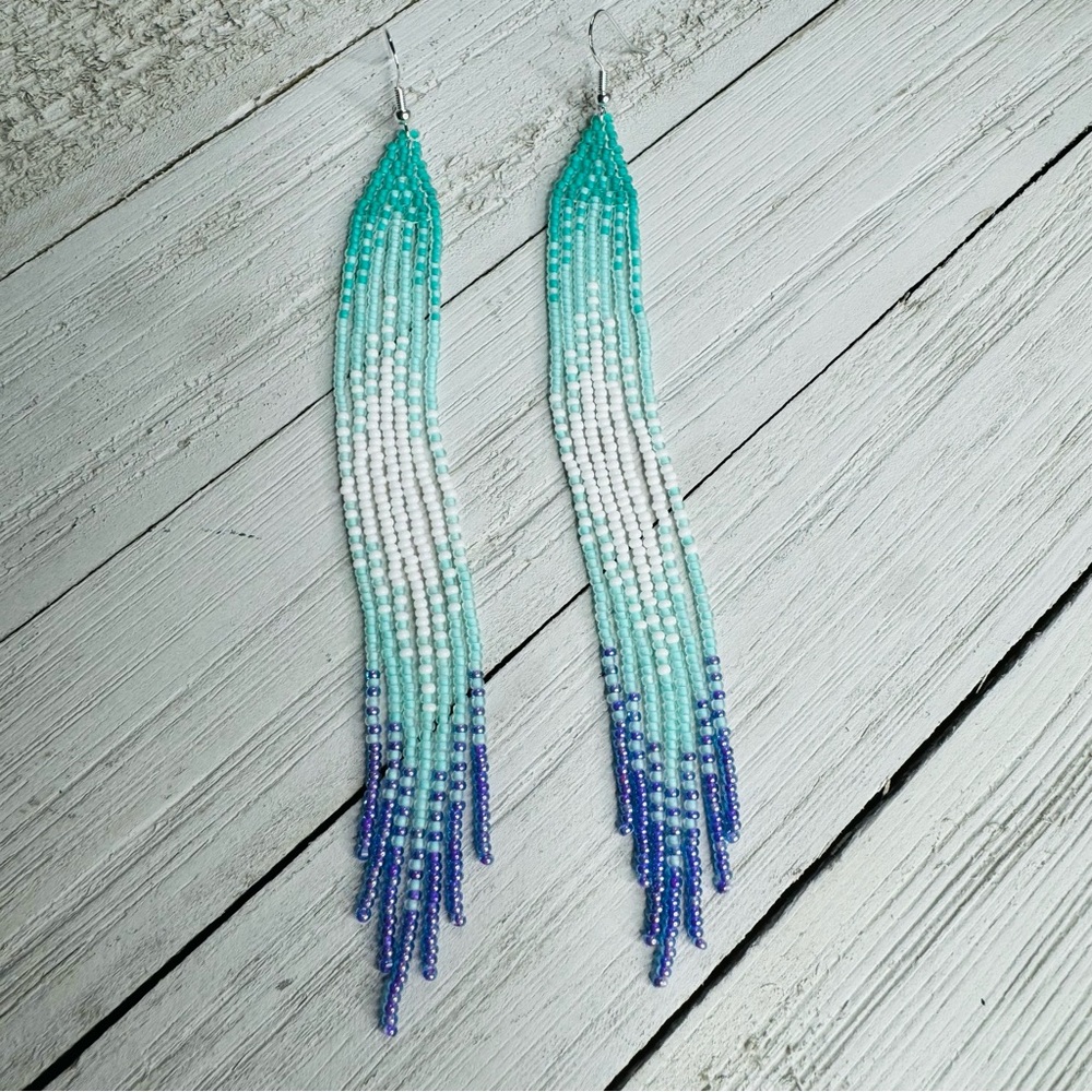 Long Seed Beaded Earrings Native American Themed Beaded Jewelry 6.5" Long Handma